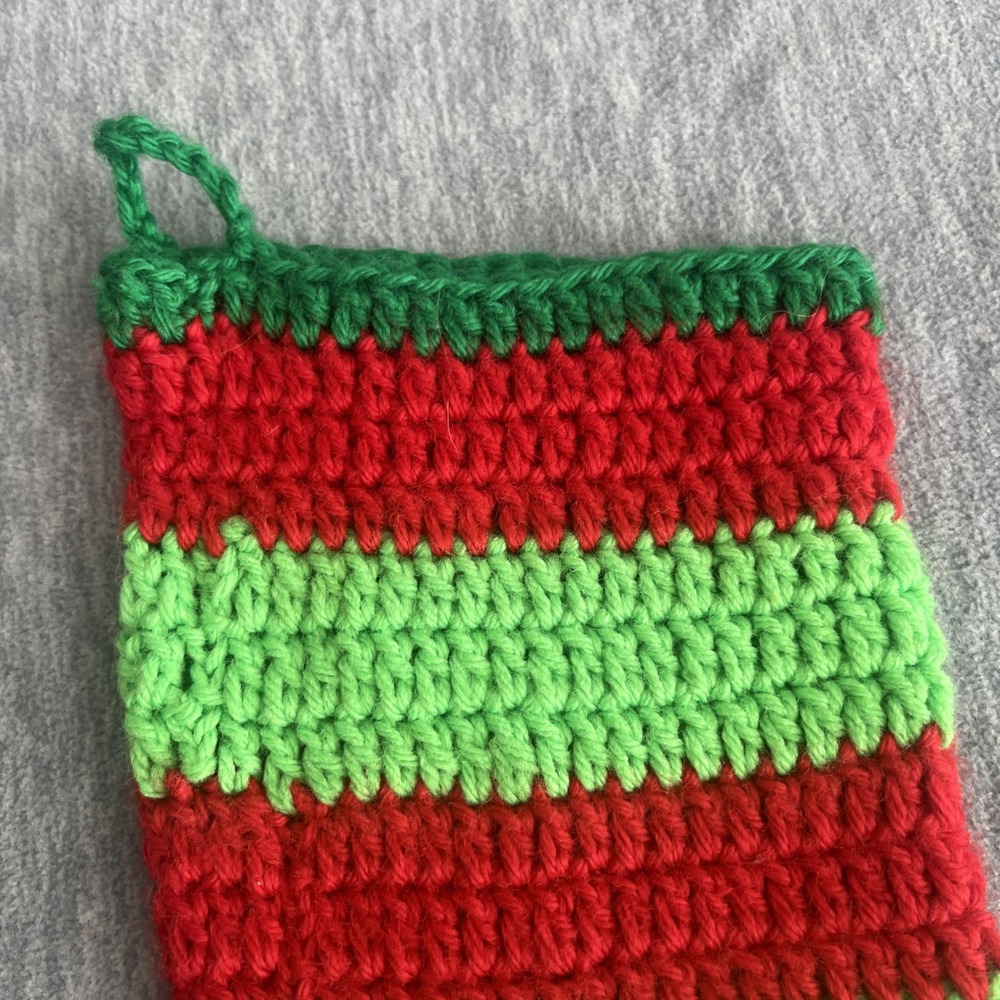 Crochet Christmas Striped Stocking Handmade Red Green Grannycore Vintage 17" EUC - Picture 2 of 12